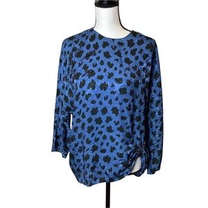 Vintage Blue Leopard Print Beaded Ruched Front Dolman Sleeve Blouse Women’s M/L
